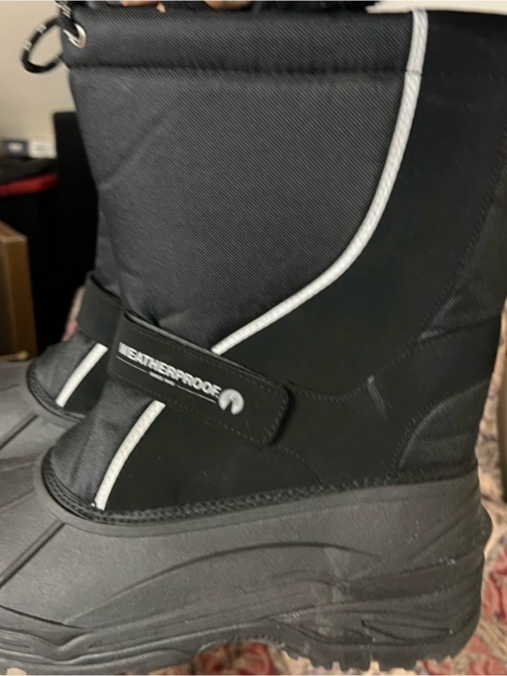 Weatherproof Black Boot with White Piping and Yellow Accent